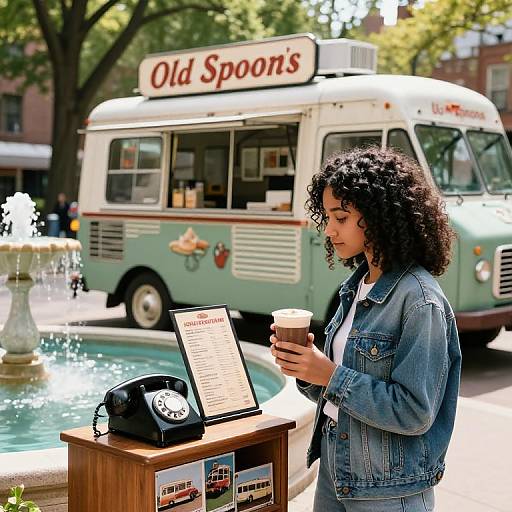 Photograph: Curly-haired woman in denim jacket holds coffee, standing near vintage Ol' Spaghetti Truck, by sunlit fountain with water spray.