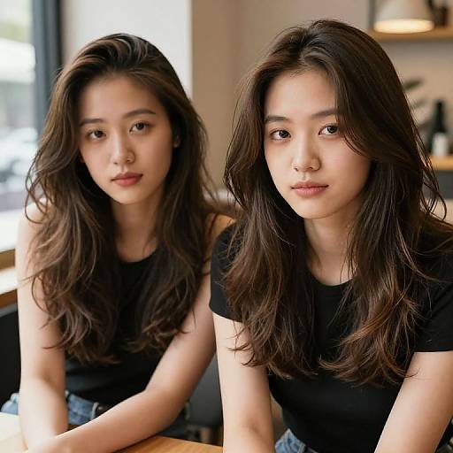 Photograph of an Asian woman with long, wavy brown hair, wearing a black shirt, sitting indoors with a soft, natural light background. Her