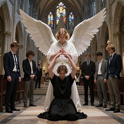 Angel Guarding Praying Man in Gothic Church