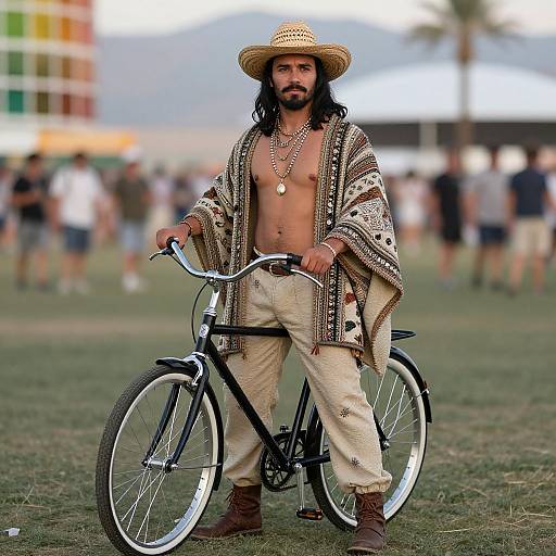 Photograph of a bearded man with long black hair, wearing a straw hat, patterned shawl, beige pants, and brown boots, standing