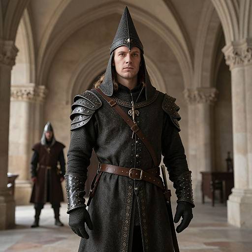 Medieval knight in black armor with pointed helmet stands in grand, arched stone hall, brown belt, background figure blurred. Photographic style.