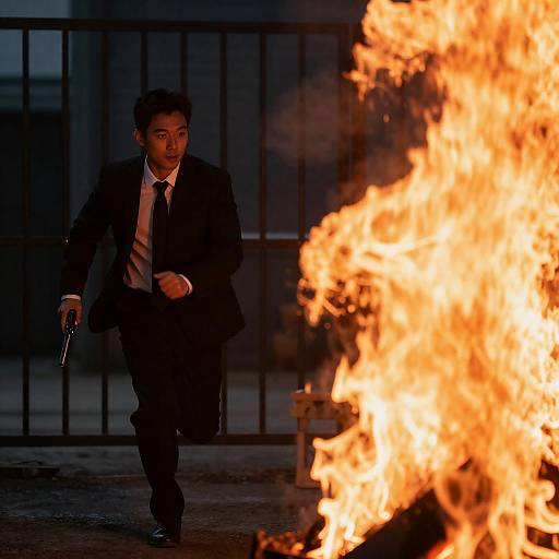 Man in Suit Running Through Industrial Blaze