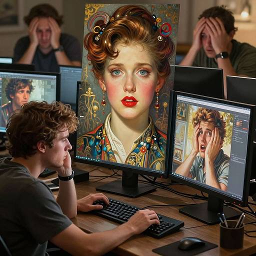 Four men at desks, hands on heads, shocked by digital artwork of a red-lipstick woman on computer screens. Digital art style.