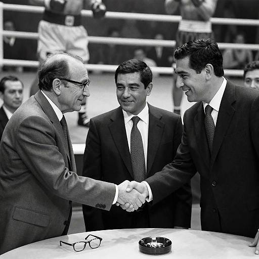 Men Shaking Hands in Formal Suits with Boxing Mural