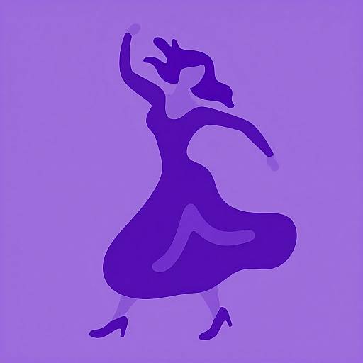 Abstract digital artwork of a dancing woman in a flowing purple dress and high heels, set against a solid lavender background.
