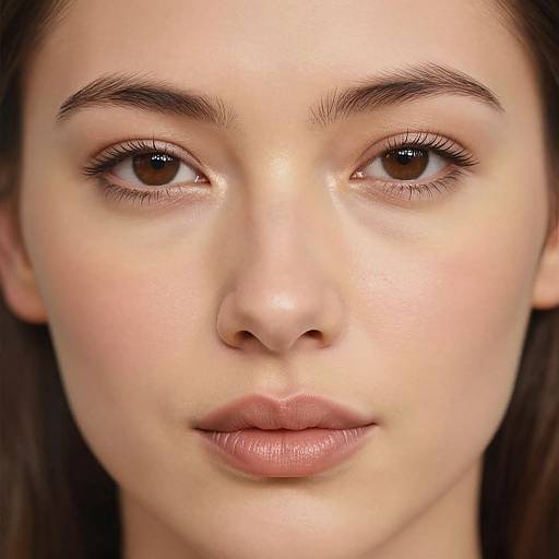 Photorealistic close-up of a young woman with fair skin, brown eyes, thin eyebrows, and natural brown lips, looking directly at the camera.