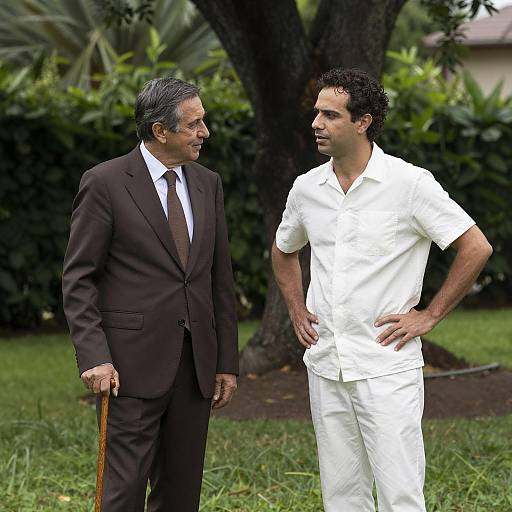 Two Men in Lush Garden Conversation