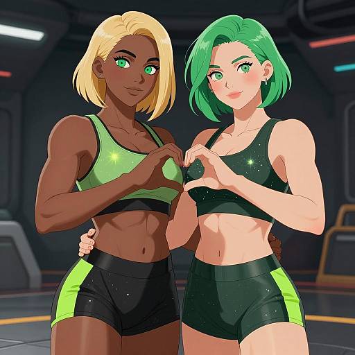 Two Muscular Women Forming Heart Gesture