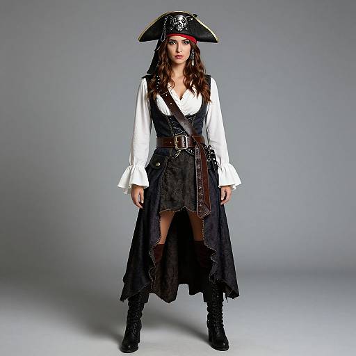 Photograph of a young woman in a pirate costume: white shirt, black vest, tricorn hat, black skirt, brown belt, and boots,