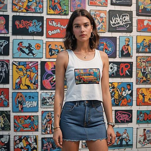 Young Woman in Y2K Crop Top and Denim Skirt
