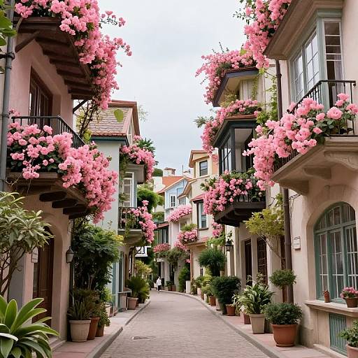 Serene Alleyway with Floating Pink Gardens