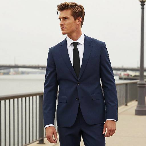 Man in Blue Suit Standing by Waterfront