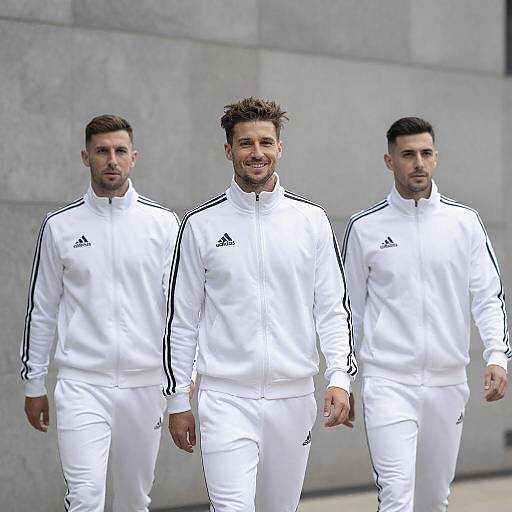 Synchronized Walk: White Tracksuit Trio