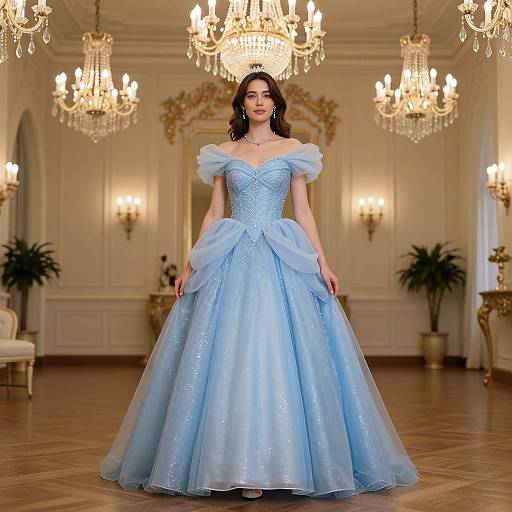 Photograph of a fair-skinned woman in an off-the-shoulder, light blue, floor-length ball gown, standing in an elegant room with