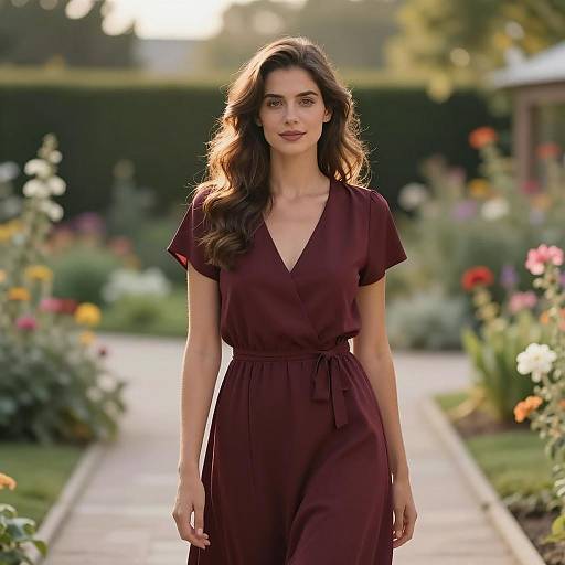Woman in Maroon Dress in Garden