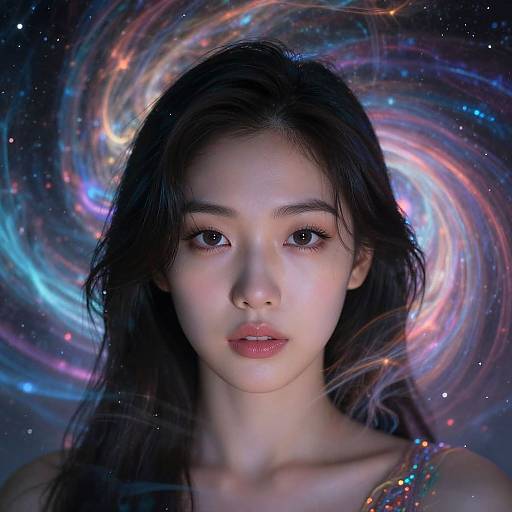 Photograph-like digital artwork of an Asian woman with long black hair, glowing skin, and intense gaze, set against a cosmic swirl background of vibrant blues