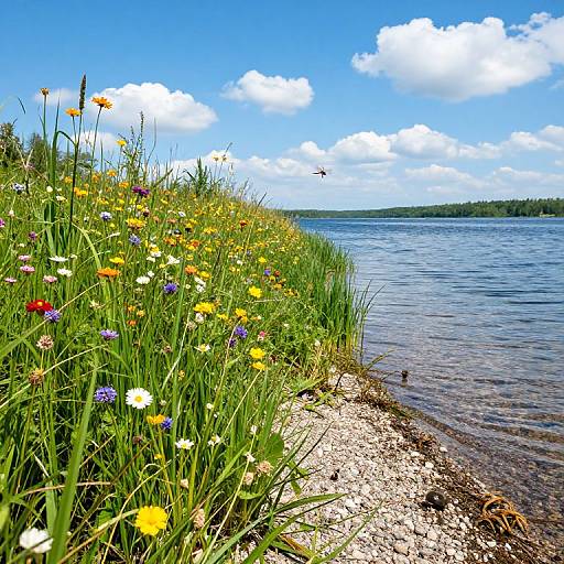 Photograph of a vibrant lakeshore with colorful wildflowers, green grass, sandy shore, and clear blue water under a bright, cloudy sky.