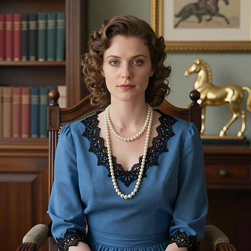 Vintage Woman in Blue Dress with Pearls