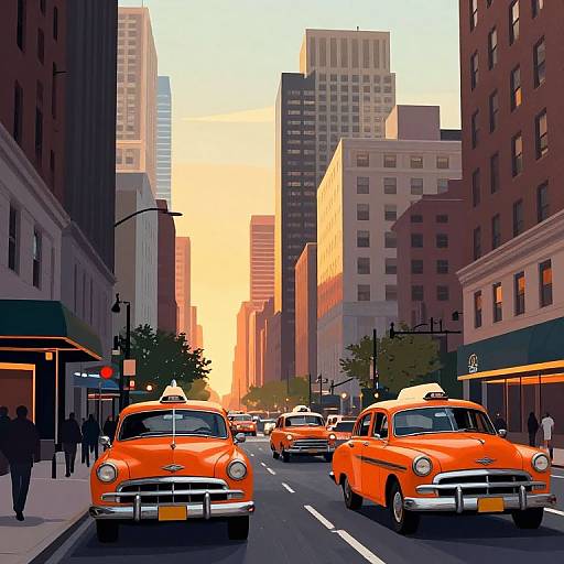 Digital illustration of a bustling urban street at sunset, featuring vibrant orange vintage taxis, tall buildings, and pedestrians, with a warm orange and pink sky.