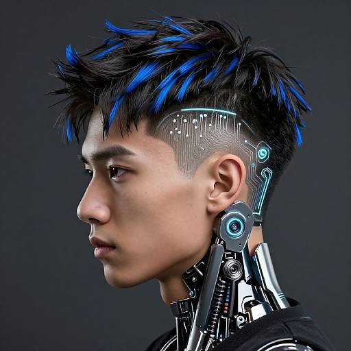 Digital portrait of an Asian male with cyberpunk-style black hair with blue streaks, neon circuitry headgear, and futuristic collar against a dark background