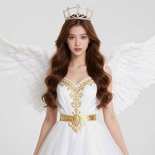 Photograph of an Asian woman with long brown hair, wearing a white, ornate, strapless dress, gold belt, white wings, and a