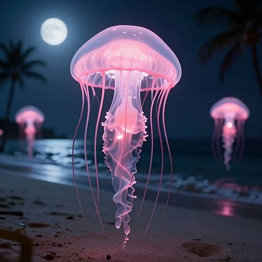 Photograph of glowing pink jellyfish with translucent umbrellas and long, flowing tentacles under a full moon on a dark, tropical beach with palm trees