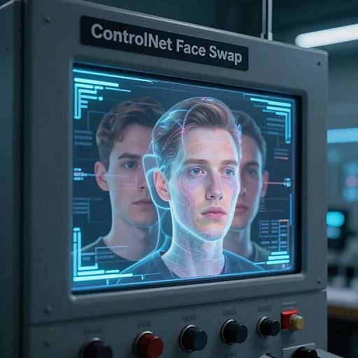 Photograph of a control panel displaying a transparent, illuminated face of a young man with two blurred figures behind him. 