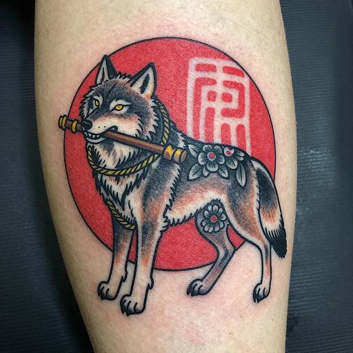 Stylized Wolf Tattoo with Floral Design