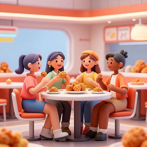 CGI image of four diverse women with colorful hair, sitting at a retro diner table, eating orange rolls, smiling, and chatting.