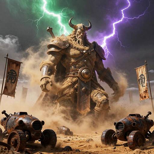 Digital artwork of a muscular, horned, armored warlord with glowing lightning bolts, standing amidst a dusty battlefield with destroyed tanks.