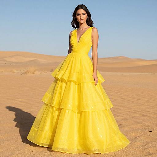 Photograph of a fair-skinned woman with dark hair in a vibrant yellow, multi-layered, V-neck gown standing in a sunlit desert with