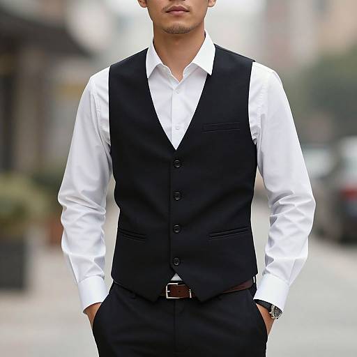 Photograph of a man in a black vest over a white dress shirt, with hands in pockets, standing on a blurred urban street.