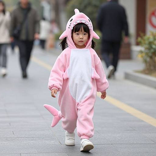 Photograph of an Asian toddler in a pink and white shark onesie with a hood, walking on a busy urban street.