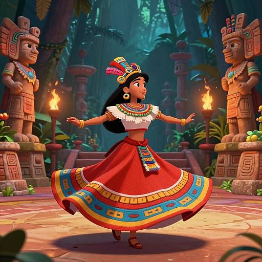 Digital illustration of a vibrant, dancing Mayan woman in traditional attire with colorful headdress, red skirt, and jewelry, surrounded by stone statues and torch
