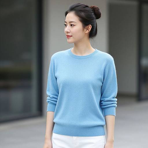 Photograph of an Asian woman with fair skin, black hair in a bun, wearing a light blue sweater and white pants, standing outdoors with a blurred