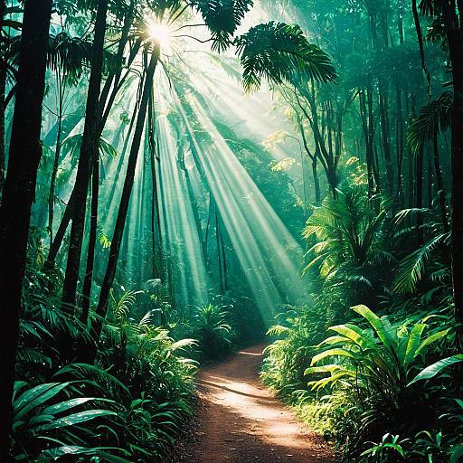 Sun Rays Through Tropical Rainforest Trail