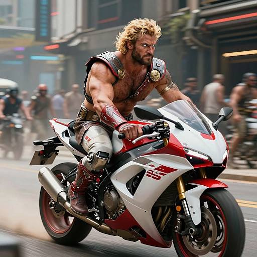 Cyberpunk Greek Supervillain on Motorcycle