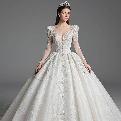 Photograph of a slender, fair-skinned woman with long black hair, wearing a white, lace-embellished, V-neck ball gown and