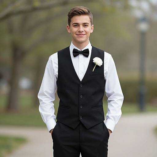 Photograph of a young man with short brown hair, wearing a black vest, white shirt, black bow tie, and white rose boutonnière