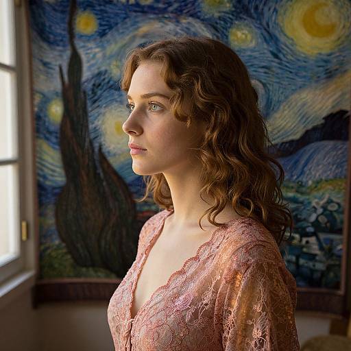 Photograph of a young woman with curly brown hair, wearing a pink lace top, standing in front of a Van Gogh-style night sky painting.