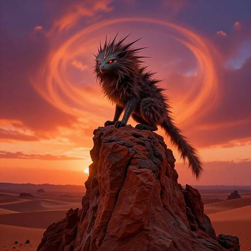 Digital painting of a fierce, spiky, dark-furred mythical creature standing on a rocky outcrop at sunset in a desert, with a glowing,