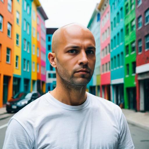 Portrait of Bald Man with Colorful Buildings