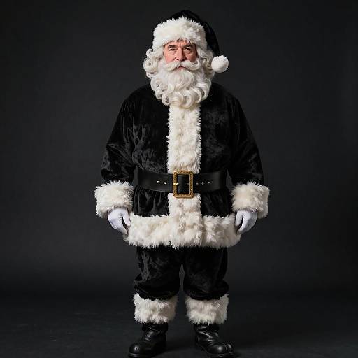 Photograph of a full-bodied, traditional Santa Claus in black velvet suit with white fur trim, black belt, and black boots, standing against a dark