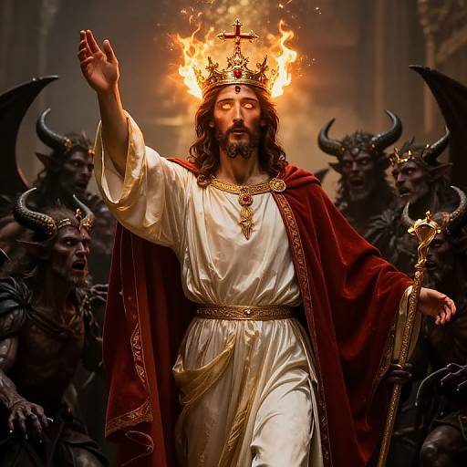 Photograph of a bearded, crowned Jesus with fiery halo, white robe, and red cape, raised arm, surrounded by horned demons. Dram