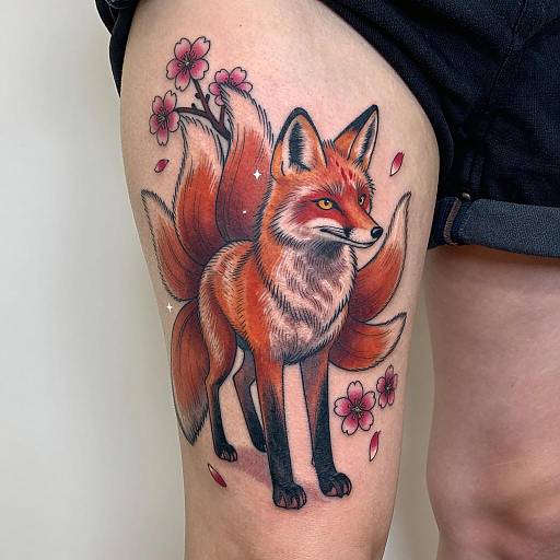 Charming Fox Tattoo with Cherry Blossoms