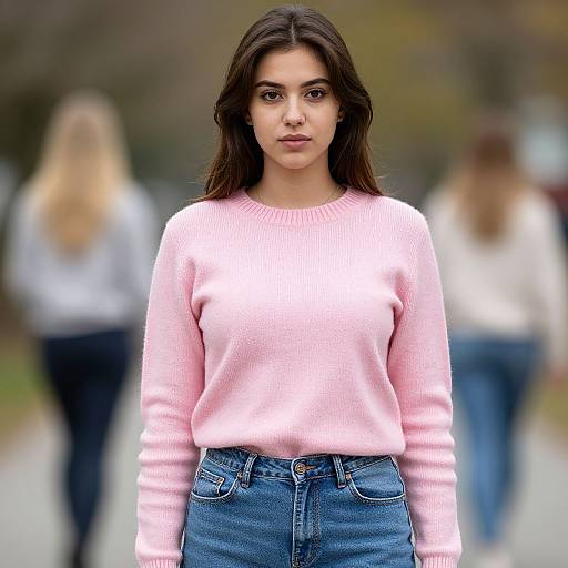 Photograph of a young woman with long dark hair, wearing a pink sweater and high-waisted blue jeans, standing in a blurred outdoor park with