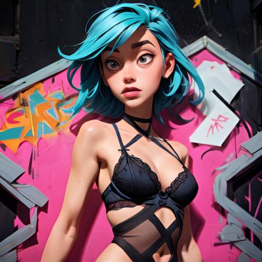 Photograph of a fit, brown-haired woman in blue lace lingerie, standing against a graffiti-covered wall, highlighting her toned abs and confident expression.
