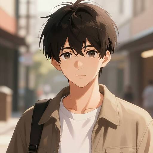 Digital anime-style drawing of a young man with black, tousled hair, brown eyes, wearing a beige jacket over a white shirt, carrying a black