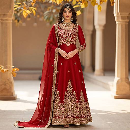 Photograph of a South Asian woman in a red and gold embroidered traditional lehenga, standing in a sunlit, architectural courtyard.