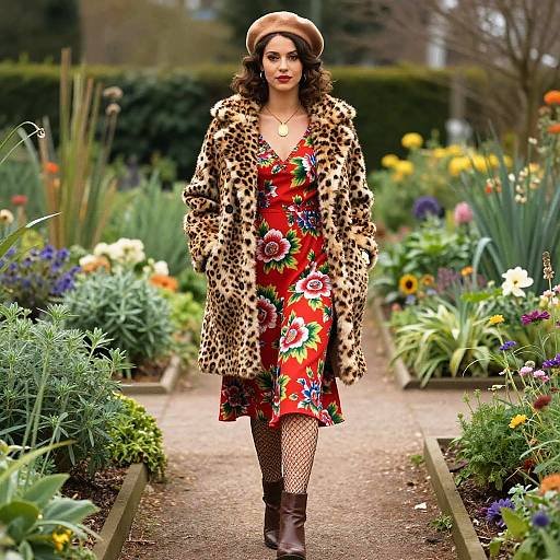Woman in Leopard Print Coat and Floral Dress in Botanical Garden